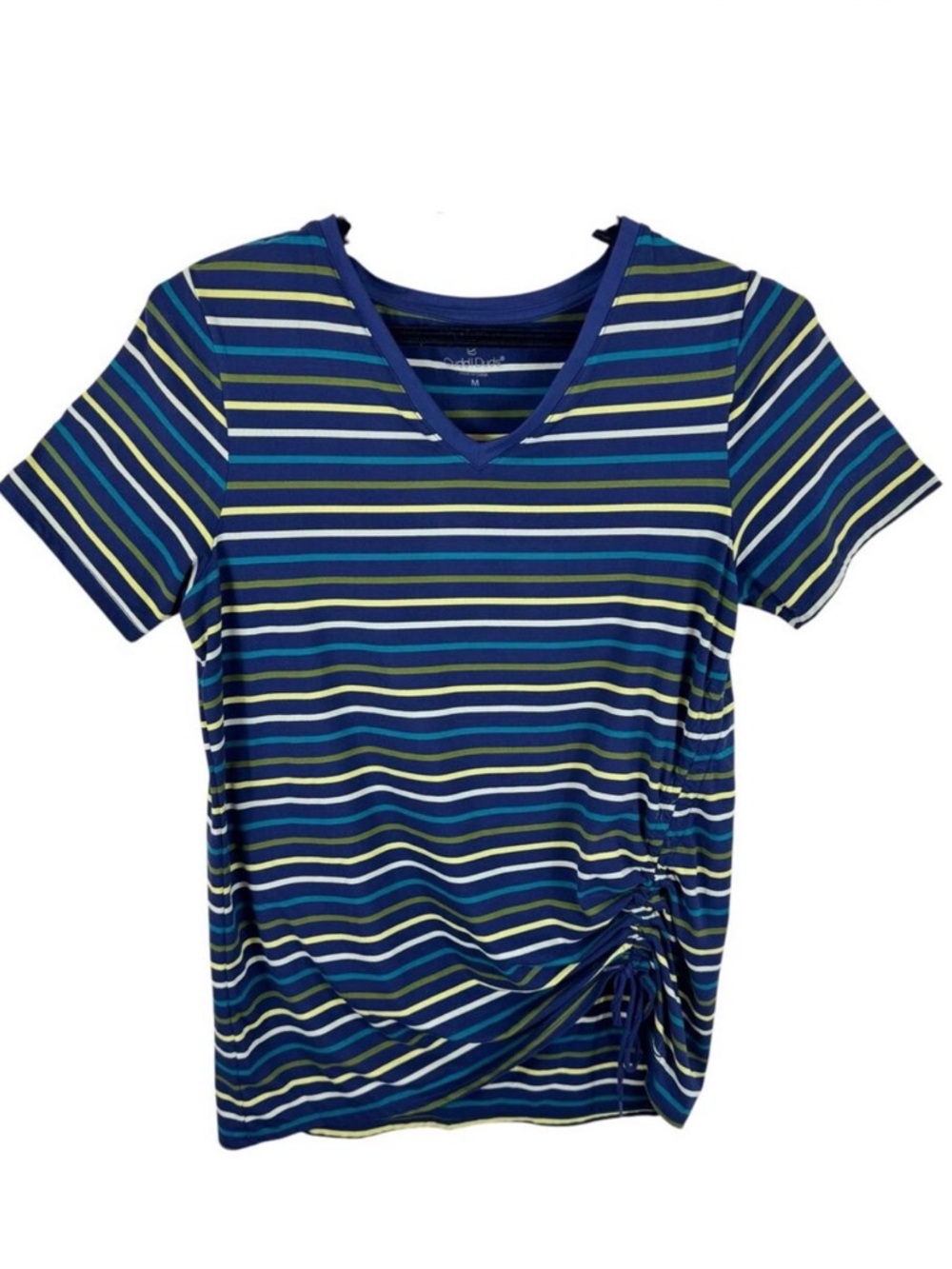 Cuddl Duds Blue Colorful Striped Short Sleeve V-Neck Ruched T-Shirt Size Medium